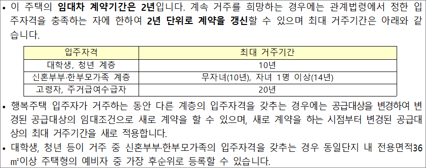 행복주택 입주자격별 최대 거주기간 1 행복주택 입주자격별 최대 거주기간